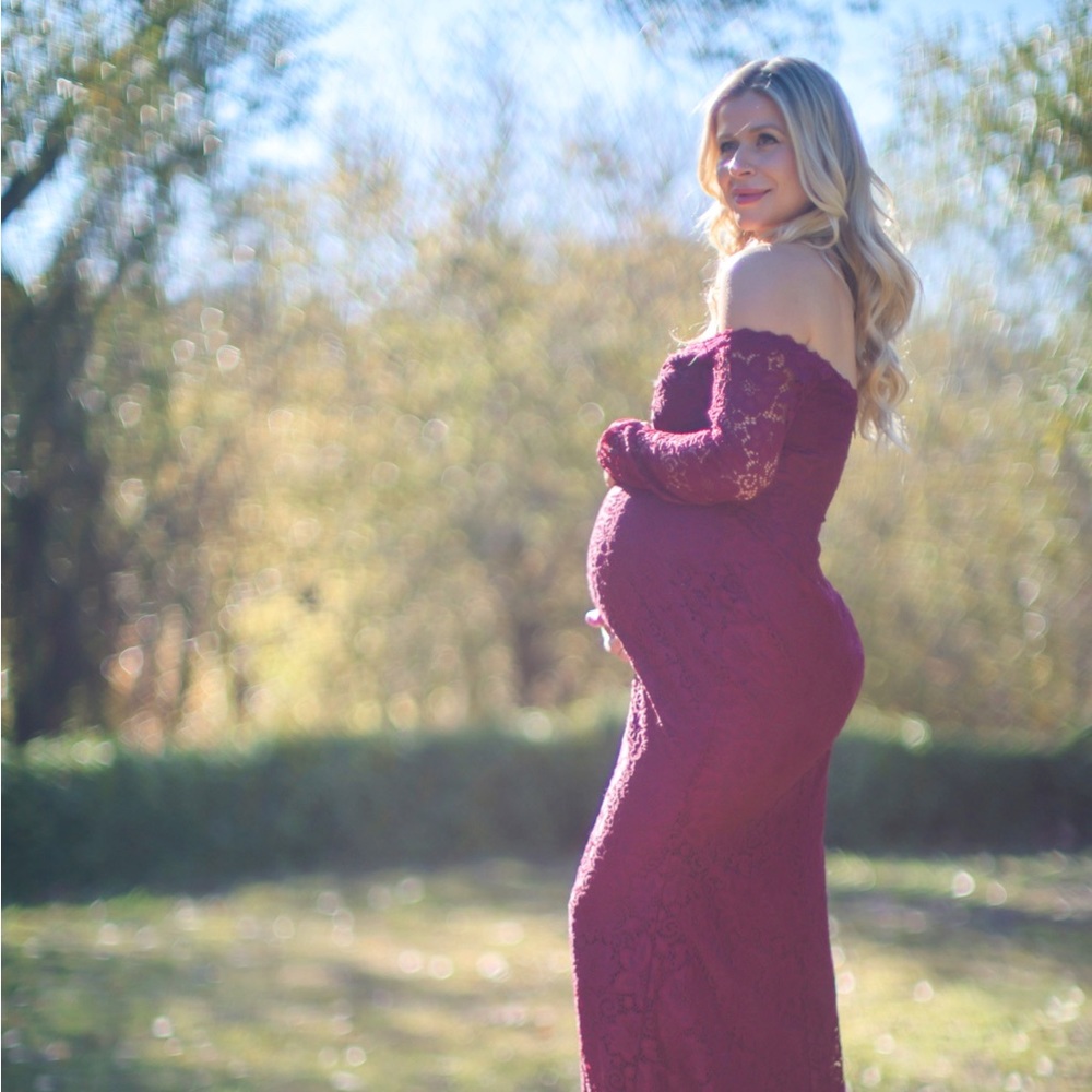 PinkBlush Burgundy lace off shoulder long sleeve maternity maxi dress